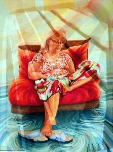 Lady Among the Choppy Turquoise Waves of the Ocean.